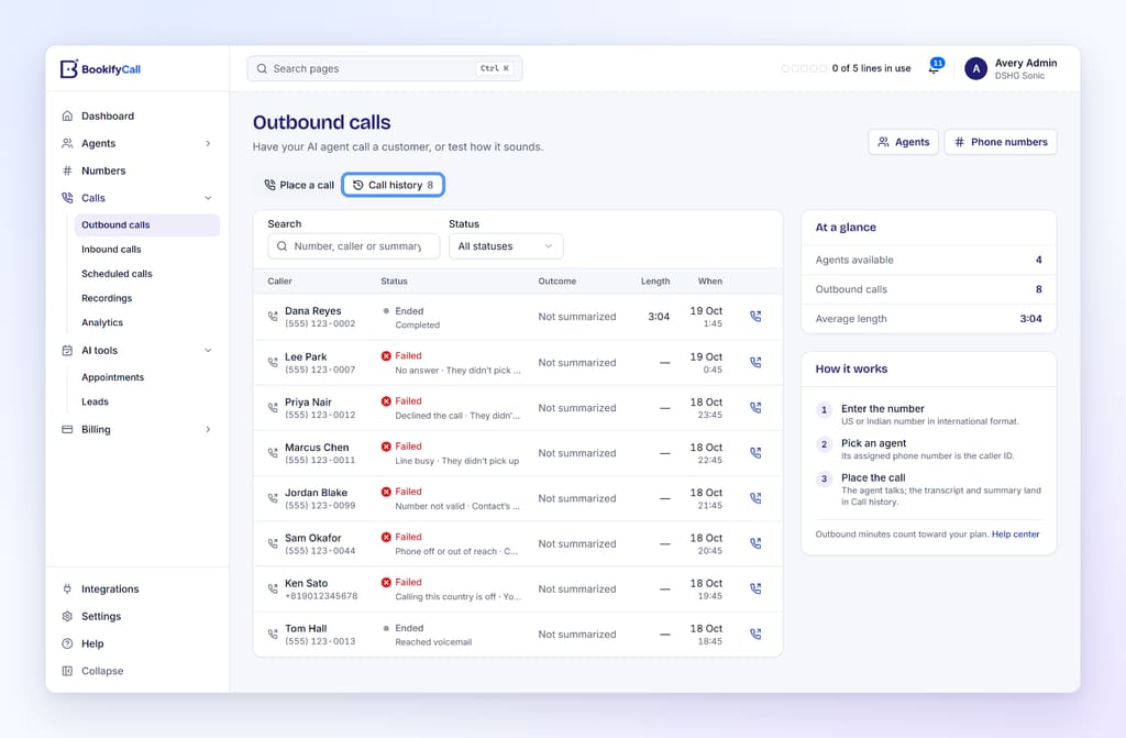 Outbound call history with failed calls labelled in plain words: no answer, declined the call, line busy, number not valid, phone off or out of reach, and calling this country is off