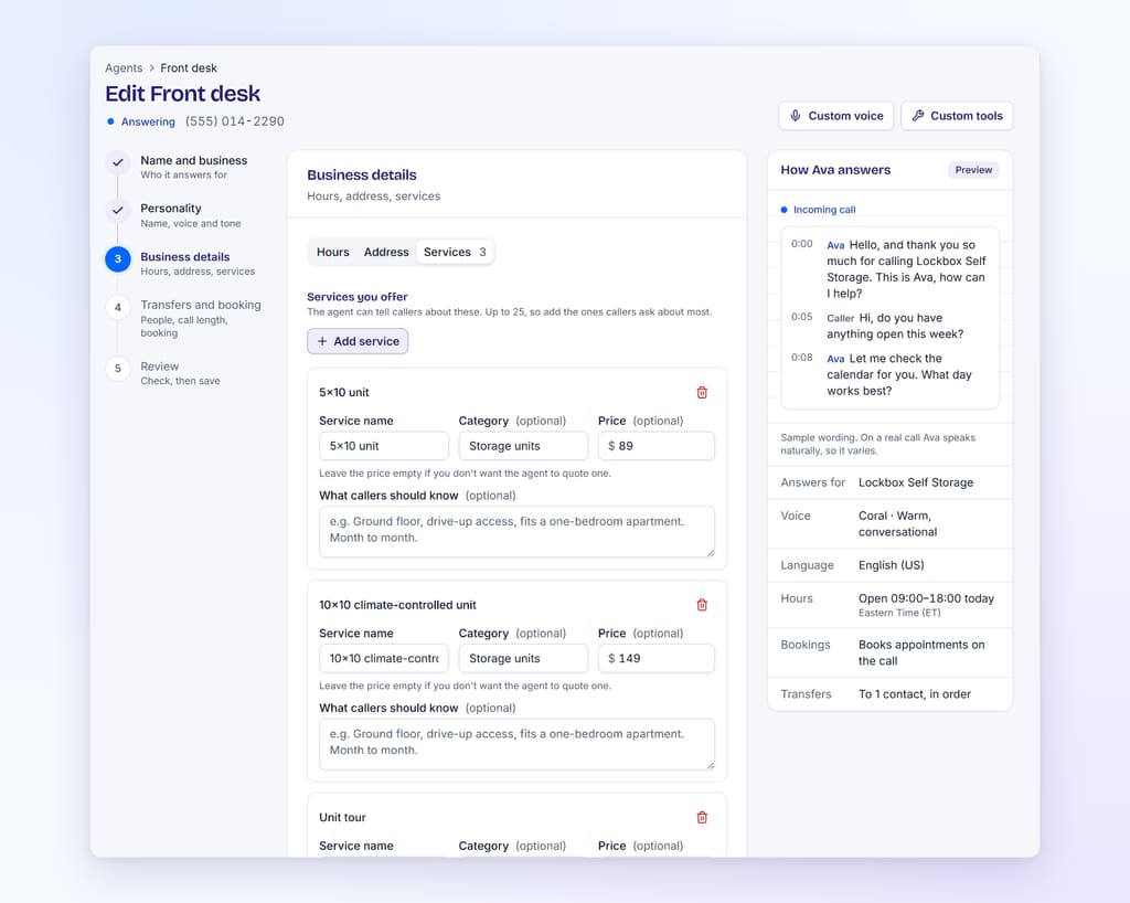 Services tab of the agent editor listing a 5x10 unit, a 10x10 climate-controlled unit and a unit tour, each with a category and optional price