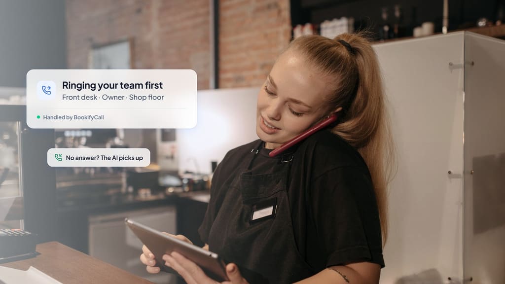 Shop employee answering a phone call while holding a tablet, with a card showing calls ring the team first and the AI picks up if nobody answers