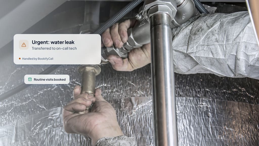 Close-up of a plumber's hands fitting a pipe joint, with a card showing an urgent water leak call transferred to the on-call tech