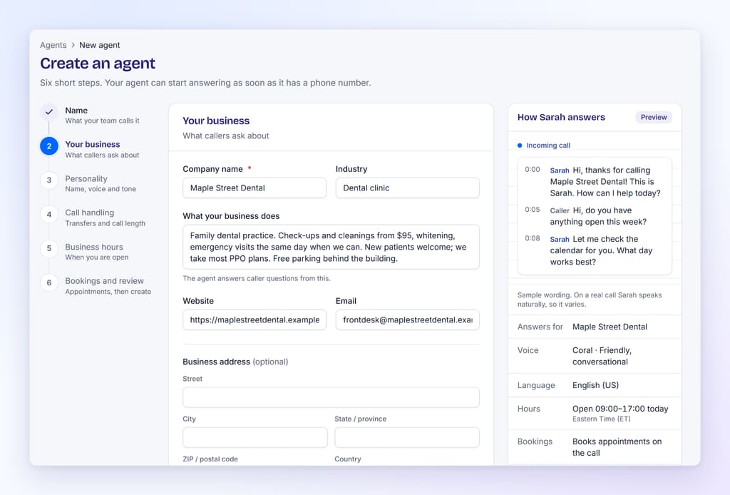Your business step of the BookifyCall create-agent wizard with company name, industry, a What your business does box, website and email, beside a preview of how the agent answers