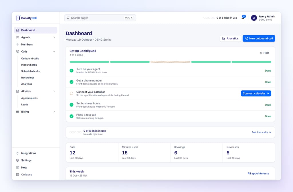 BookifyCall dashboard with the Set up BookifyCall checklist showing four of five steps done and Connect your calendar still to do