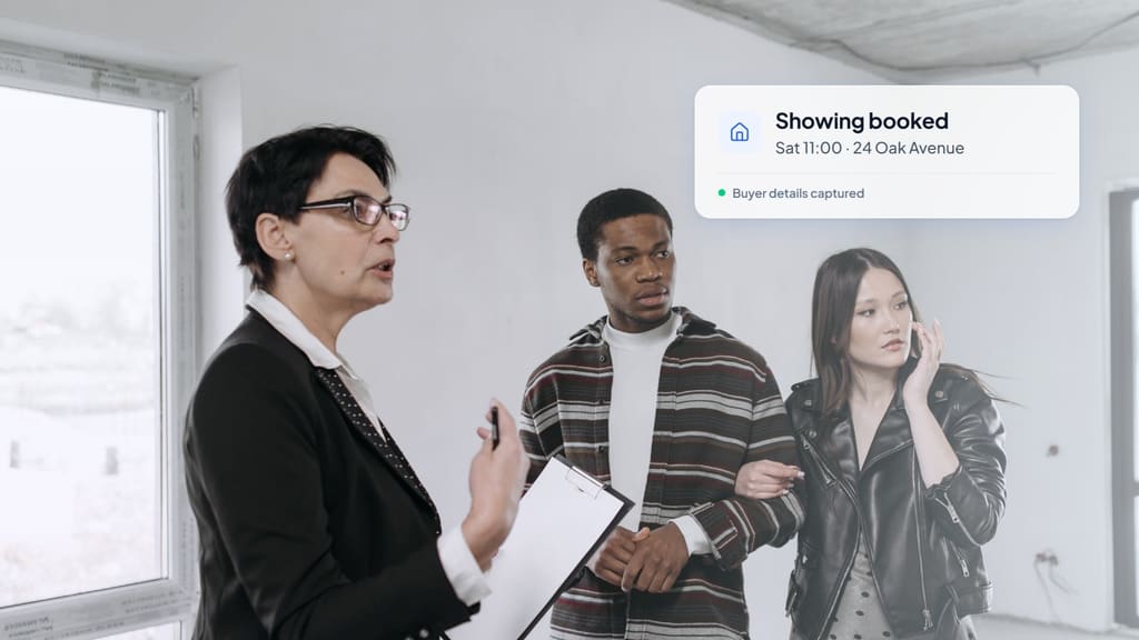 Real estate agent with a clipboard showing a young couple around an empty home, with a card showing a Saturday 11:00 showing booked