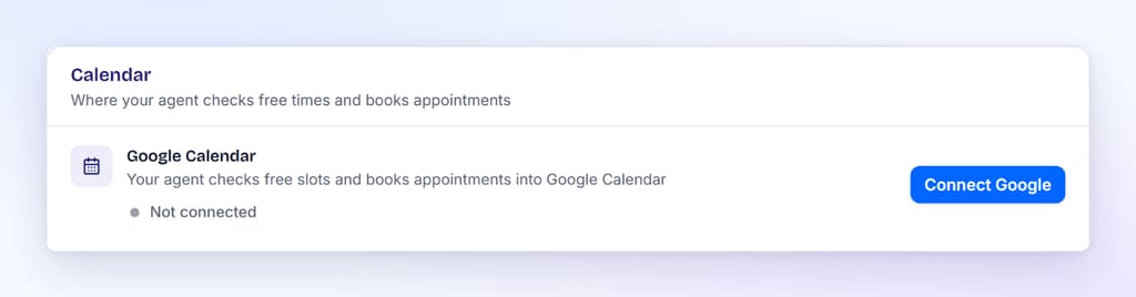 Calendar section of the BookifyCall Integrations page with a Connect Google button for Google Calendar