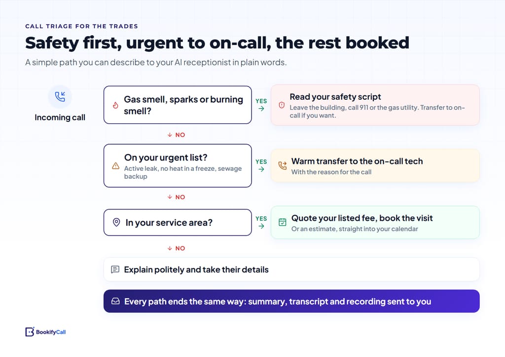 Flowchart of an incoming contractor call: safety hazards go to a safety script, urgent problems transfer to the on-call tech, and routine jobs are booked into the calendar