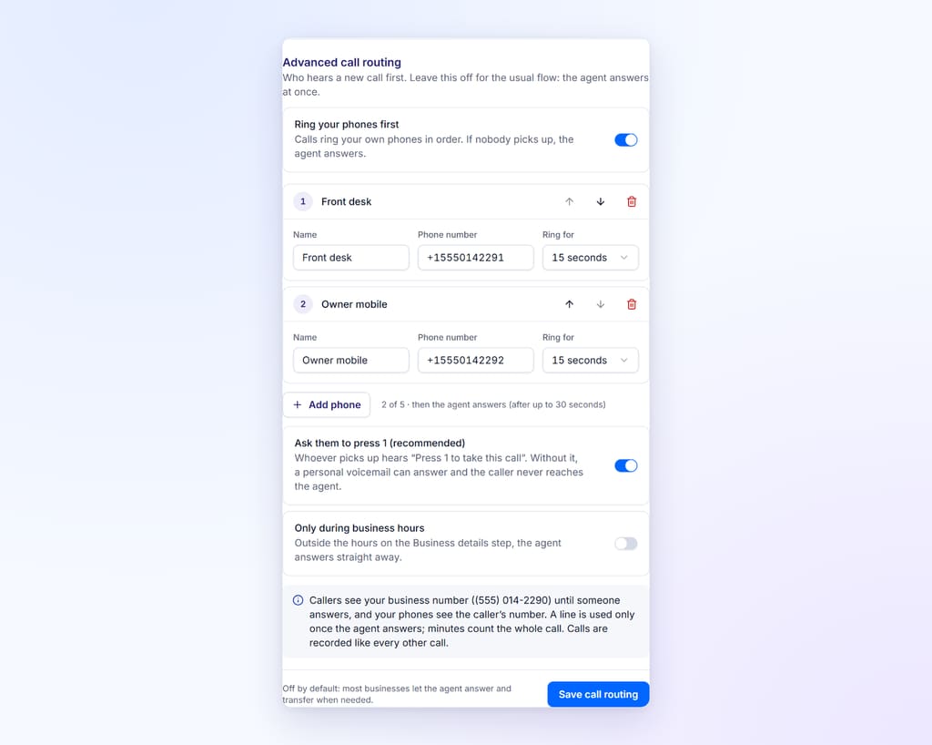 Advanced call routing settings with Ring your phones first turned on, two phones listed in order at 15 seconds each, press 1 screening on and a business-hours-only option