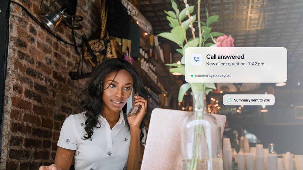 Young woman taking a phone call at a cafe table, with a card showing a call answered at 7:42 pm and a summary sent to the owner