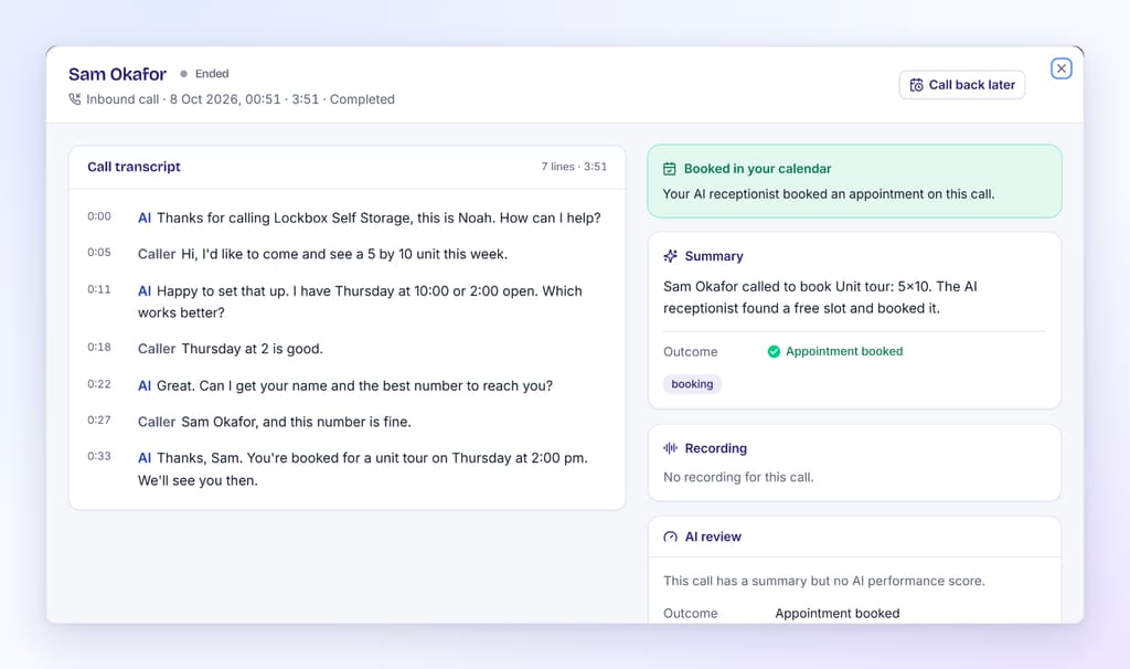 Call details screen with the transcript of a booking call on the left and the AI summary, outcome and booking confirmation on the right