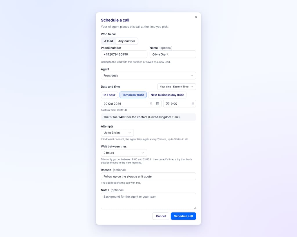 Schedule a call dialog for a UK number with the time set to 9:00 Eastern, a line showing it is 14:00 for the contact, up to 3 tries and 2 hours between tries