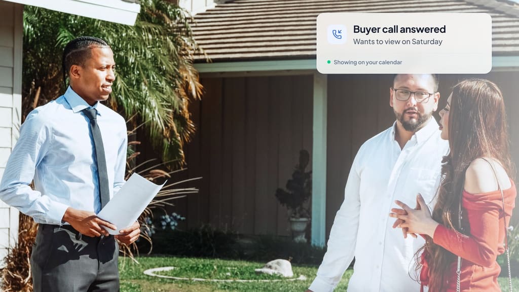 Real estate agent holding listing papers outside a house while a couple talks nearby, with a card showing a buyer call answered and a showing added to the calendar