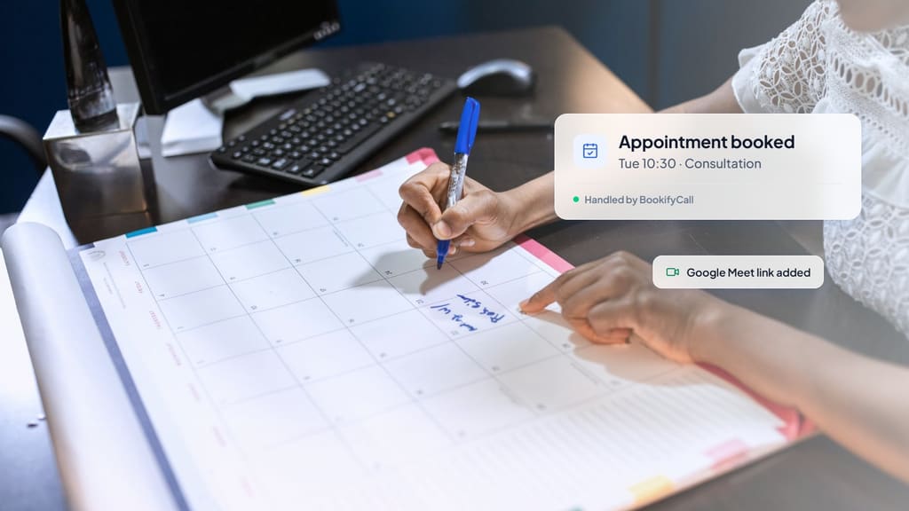 Hands writing an appointment on a paper desk calendar, with a card showing a consultation booked for Tuesday at 10:30 and a Google Meet link added