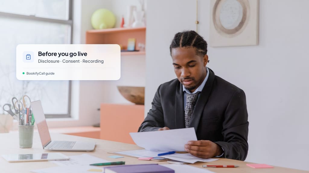 Business owner reading a printed document at his desk, with a card listing disclosure, consent and recording as checks before going live